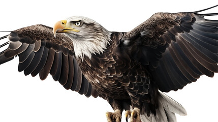 Bald eagle soaring with flag, wings spread wide, freedom symbol in sky, patriotic USA wildlife nature image, isolated on transparent background.
