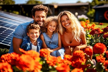 A family sitting in a field of flowers with solar panels in the background