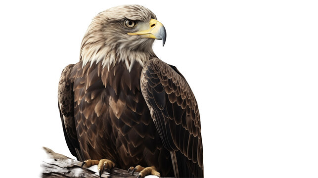 Brown eagle perched on branch, powerful wings displayed, wildlife nature image, American freedom symbol bird portrait, isolated on transparent background.