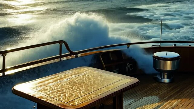 Wooden boat deck, waves crashing