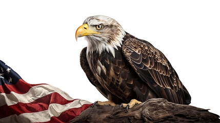 Bald eagle with American flag, patriotism and freedom symbol, proud national emblem, powerful wildlife nature portrait, isolated on transparent background.