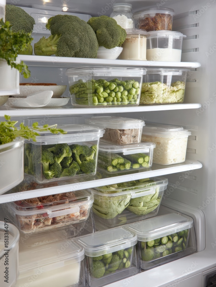 Poster modern freezer interior showcasing an organized array of frozen goods in clear storage containers wi