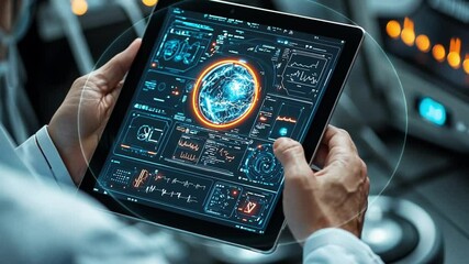 Detailed close-up of a person holding a digital tablet displaying intricate scientific data and futuristic user interface elements, showcasing technological advancements and research - Powered by Adobe