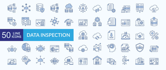 Data inspection icon collection set with data variety, data protection, data collection, data center, network security