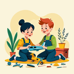 Siblings' Aviation Adventure: A Vector Illustration of Kids Building a Model Airplane Together. Teamwork, Creativity, and Shared Passion in Cheerful Colors. Bright, Modern Design for Family Fun. Stock