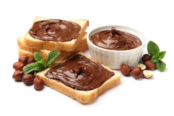 Toasts with chocolate hazelnut spread, nuts and mint isolated on white