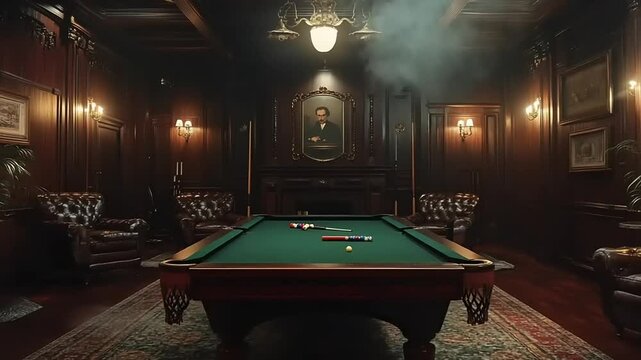 Elegant billiard room with a vintage atmosphere, featuring a pool table and classic decor