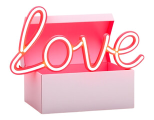 Love neon sign inside a gift box, perfect for Valentines Day.