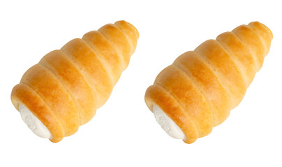 Top view set of two puff pastry cream horns isolated on white background with clipping path