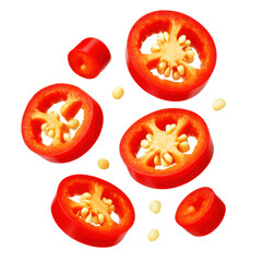 Red chili pepper slices with seeds on transparent background