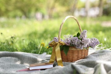 Stacked books and wicker basket with lilac flowers on green grass outdoors