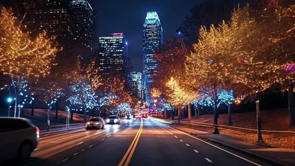 Charlotte's enchanting evening glow: a cinematic journey through a cityscape adorned with festive illuminations, capturing the vibrant nightlife and urban splendor - Powered by Adobe