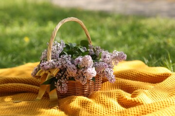 Wicker basket with lilac flowers on blanket outdoors