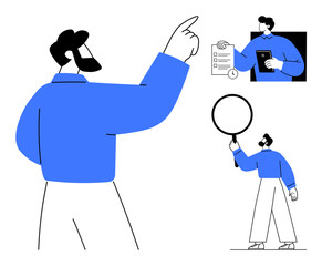 Fototapeta na wymiar Character pointing forward, holding a magnifying glass, and engaging with a checklist and coffee. Ideal for teamwork, decision-making, research, evaluation, communication, guidance simple landing