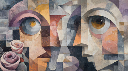 poster for modernist exhibition | identity duality | emotive resilience | pastel rose and taupe | multi-angle fusion | disjointed faces | interlocking shapes | abstract flattening | symbolic