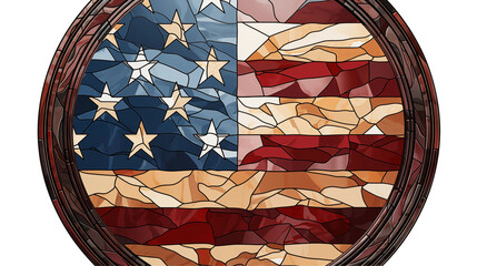 Stained glass American flag window, patriotic red-white-blue art, vintage USA symbol, stars and stripes graphic texture, isolated on transparent background.