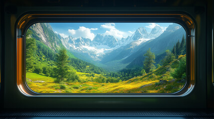 Panoramic view of the Alps with lush green valley, wildflowers, and snow-capped peaks seen through a large train window during a scenic summer journey through the mountains