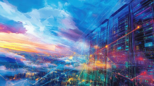 Vibrant cityscape merges with glowing server racks, symbolizing digital infrastructure and global connectivity