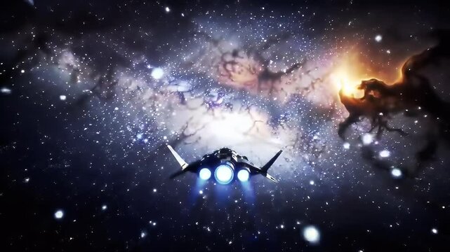 Seamless loop galaxy exploration through outer star space towards the glowing, orange, and blue cloud of the Milky Way galaxy. 