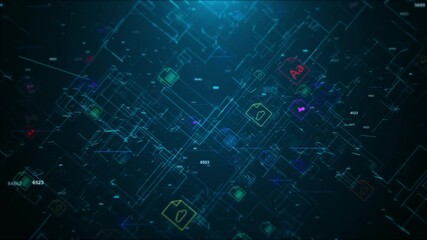 Technology data binary code network, complexity data flood of modern 3D 4K digital Technology data binary code network conveying connectivity, flood of modern Futuristic Animation digital graphs - Powered by Adobe