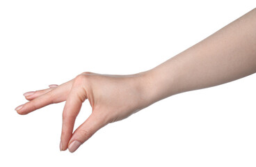 Fototapeta premium Woman holding something in hand on white background, closeup