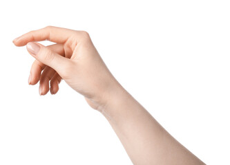 Woman holding something in hand on white background, closeup