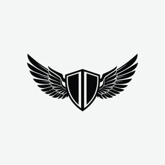 Stylized black and white logo with shield and symmetrical wings. A modern, bold emblem symbolizing strength, protection, and freedom with a clean, striking design.