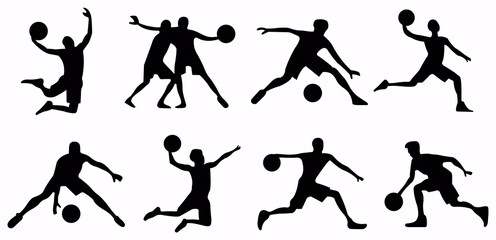 Collection of black sports silhouette. Figures athletes engaged in diverse sporting activities like basketball, volleyball, and possibly soccer on white background.