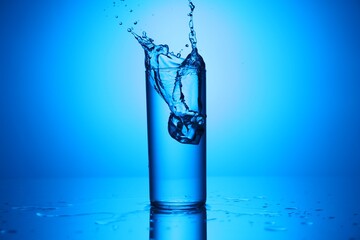 Fresh water with ice cube splashing out of glass on mirror table against blue gradient background