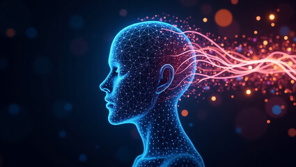Digital rendering of a human head silhouette in profile made of glowing neural network nodes and connections, symbolizing artificial intelligence and data processing