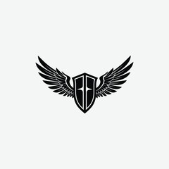 Stylized black and white logo with shield and symmetrical wings. A modern, bold emblem symbolizing strength, protection, and freedom with a clean, striking design.