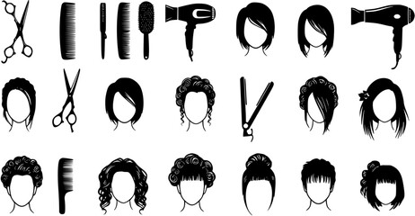 Silhouetted icons representing various hairdressing tools and styles, perfect for beauty-related themes.
