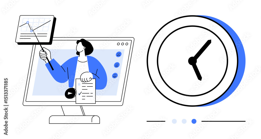 Poster person presenting data on a screen, using a pointer alongside a large clock emphasizing time awarene