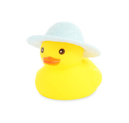 One cute rubber duck in hat isolated on white
