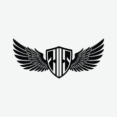 Stylized black and white logo with shield and symmetrical wings. A modern, bold emblem symbolizing strength, protection, and freedom with a clean, striking design.