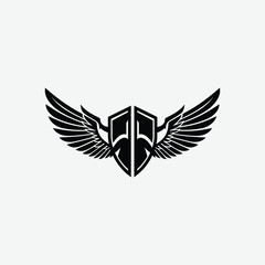 Stylized black and white logo with shield and symmetrical wings. A modern, bold emblem symbolizing strength, protection, and freedom with a clean, striking design.