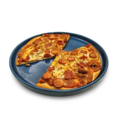 A delicious pepperoni and sausage pizza served on a blue plate isolated on white background