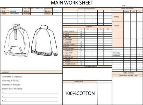 RAGLAN HIGH-NECK LONG SLEEVE KANGAROO POCKET SPEC SHEET ILLUSTRATION FOR FASHION DESIGN