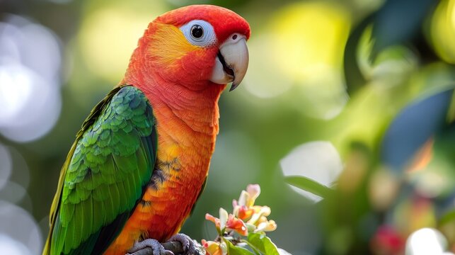 Vibrant close-up portrait of red and green conure parrot with colorful plumage and sharp beak, captured in natural light for exotic bird wildlife and tropical animal themes