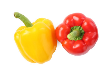 Ripe colorful bell peppers isolated on white, top view