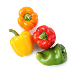 Ripe colorful bell peppers isolated on white, top view