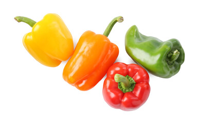 Ripe colorful bell peppers isolated on white, top view