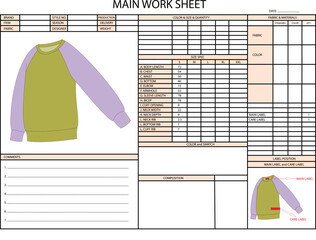 RAGLAN ROUND-NECK LONG SLEEVE MULTI COLOR SPEC SHEET ILLUSTRATION FOR FASHION DESIGN