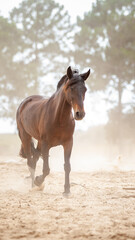 Obraz premium Cavalo marrom caminhando em área empoeirada, imagem vertical com árvores ao fundo