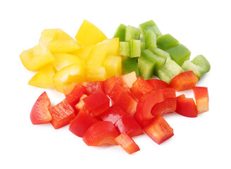 Pieces of fresh colorful bell peppers isolated on white