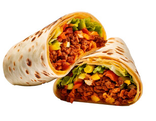 Mexican Burrito Cut in Half – Tasty Tortilla Wrap with Meat, Beans, Rice, and Vegetables Isolated on transparent background and white background 