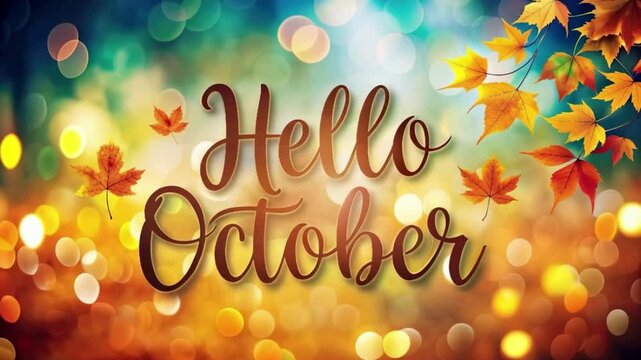 Hello October - Inspirational happy fall, autumn beautiful handwritten quote, gift tag, lettering message. Hand drawn autumn, October phrase. Handwritten modern brush calligraphy. Happy Thanksgiving