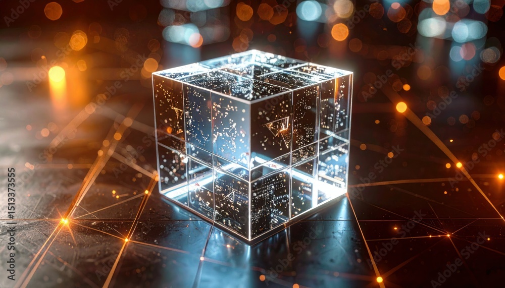 Canvas Prints holographic cube decomposition: glowing transparent fragments on dark background