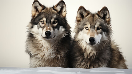 Obraz premium Twin Wolves Standing Side by Side, Realistic Fur and Detail