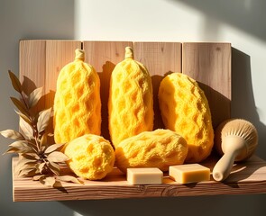 Eco Natural Loofah Scrubbers on Wooden Shelf